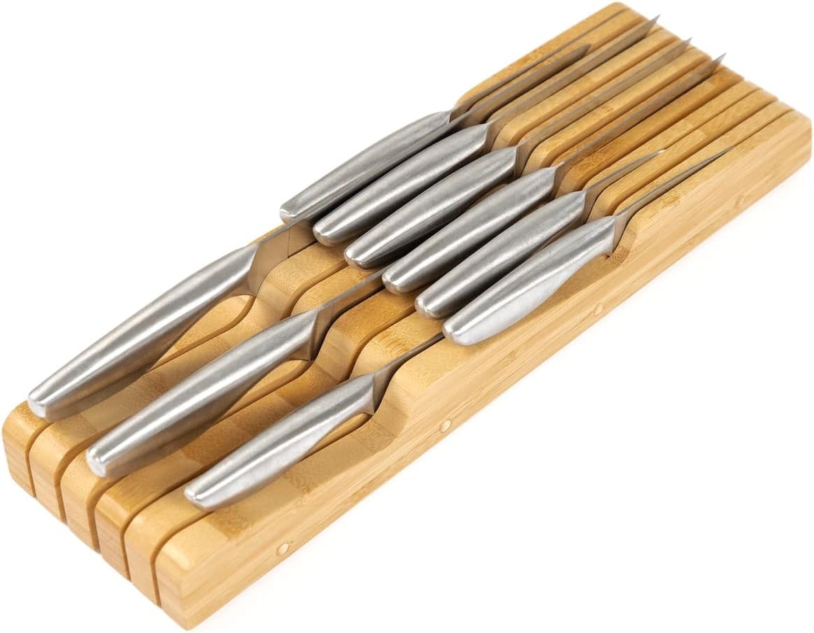 – Bamboo Kitchen Knife Block Holder Organizer - Holds 5 Long + 6 Short Knives (Not Included), Fits Most Knife Sizes, Rubber Feet, Sustainable Bamboo, in-Drawer Design