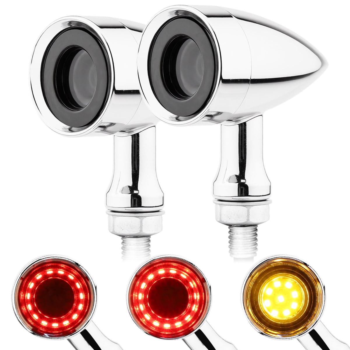 TSUNG Universal Motorcycle LED Turn Signals Lights Small Bullet Front Rear Blinkers Tail Lights for Cruiser Chopper Bobber Cafe Racer Street Bike (RING-Chrome, Red&amp;Amber)