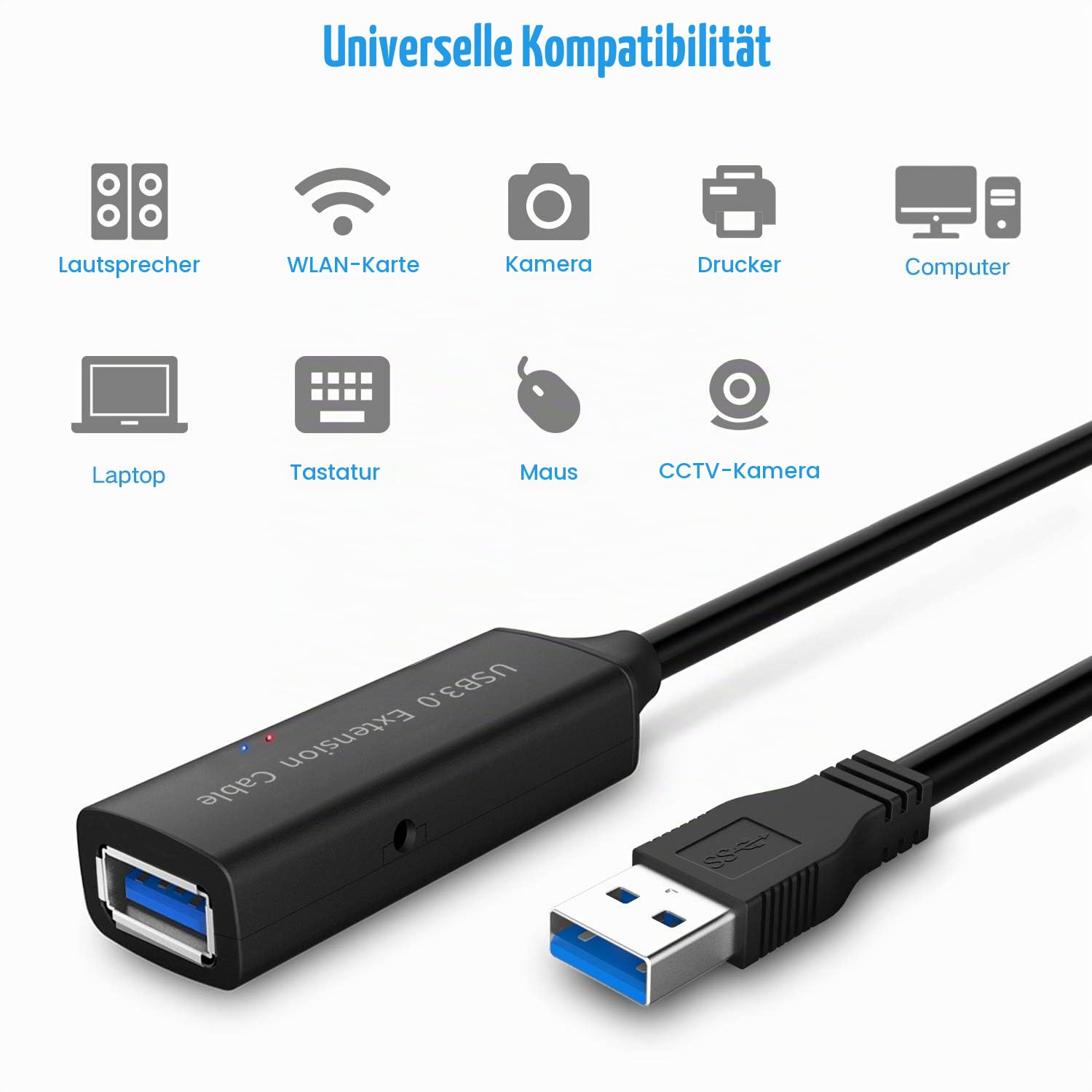 RSHTECH 10M USB 3.0 Verlängerung Kabel mit 5V/2A Netzteil (10W), RSH-10M | Aktiv USB 5Gbps Verlängerungskabel - mit Verlängerung Chipsatz, Signalverstärker, Repeater
