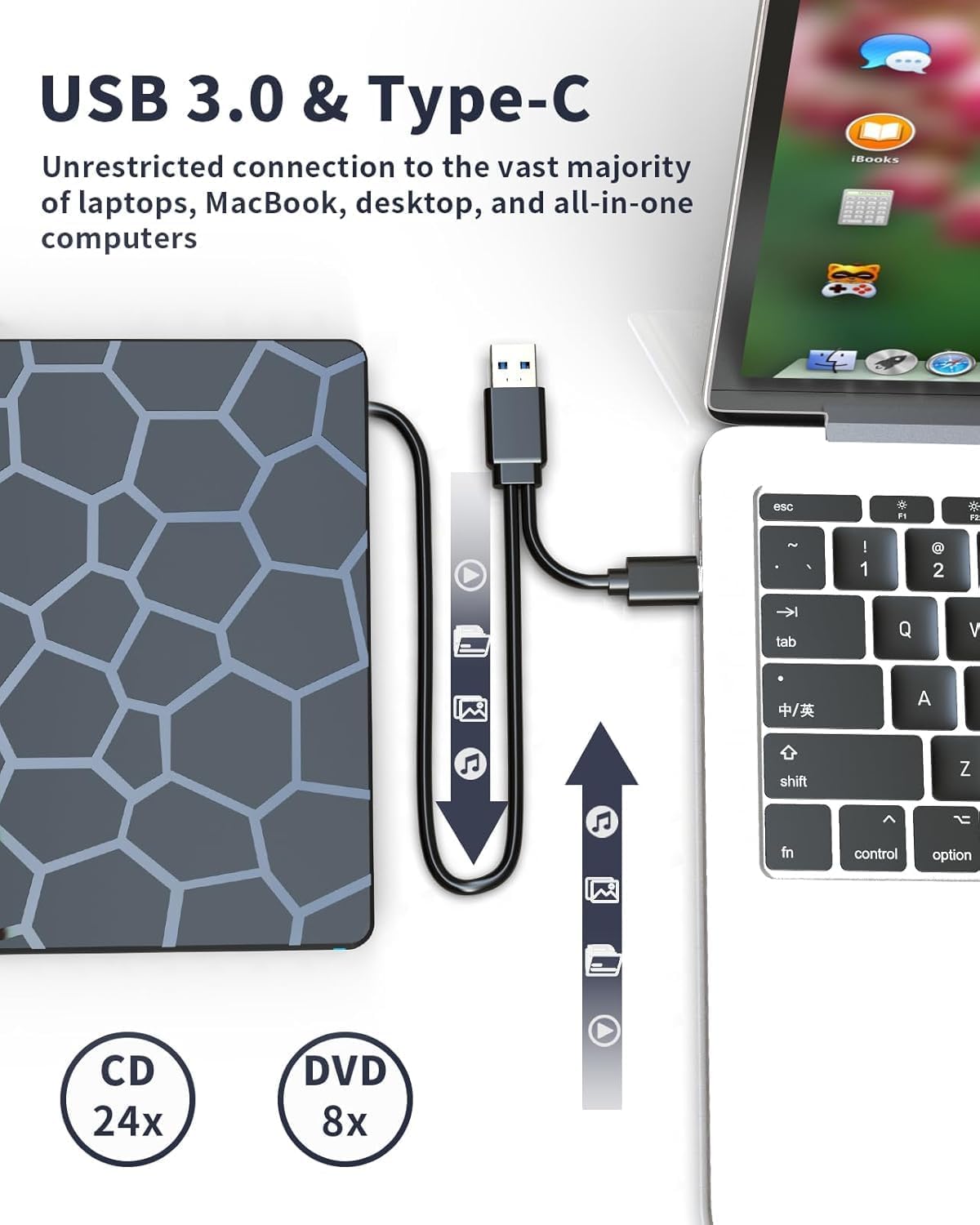 External CD DVD Drive,8 in 1 USB 3.0 and Type-C Disc Reader Writer Burner Player,Slim and Portable CD DVD +/-RW Optical Drive for PC Laptop Desktop MacBook Mac Windows Linux OS Apple (8 in 1)