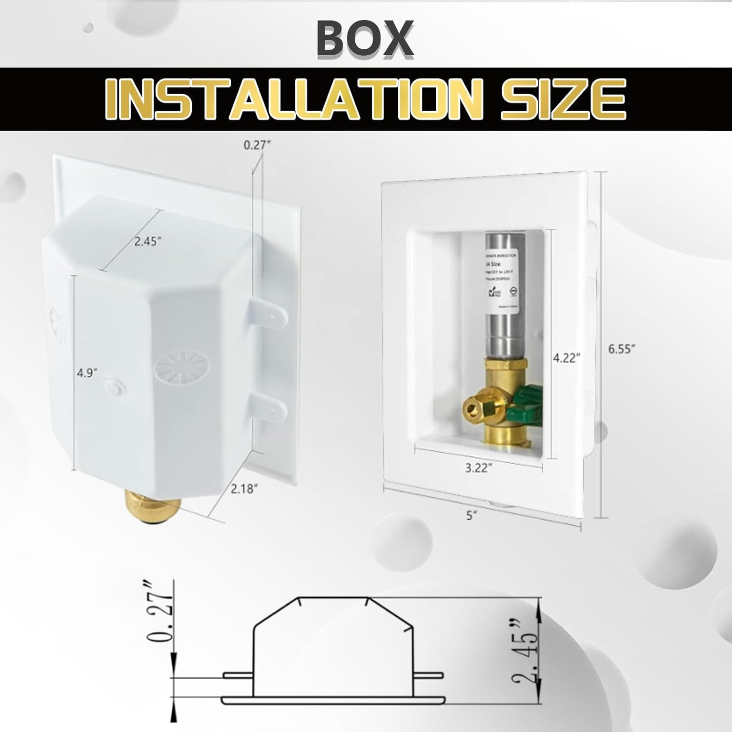 1 PCS Foskan 1/2" Pex Crimp Inlet Ice Maker Outlet Box (Pre-Assembled), 1/4" OD Compression Outlet, with Installed Green-Handled Quarter-Turn Ball Valve and Stainless Steel Hammer Arrestor