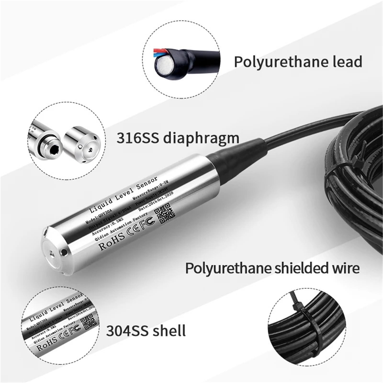 Tauchwasserstandsensor 4 20ma 0-10V 0-5V Flüssigwasserstandsender 0-10m Wasserflüssigkeitsstandsensor Wandler 1St(1M Rnage 2M Cable,4-20mA Output)