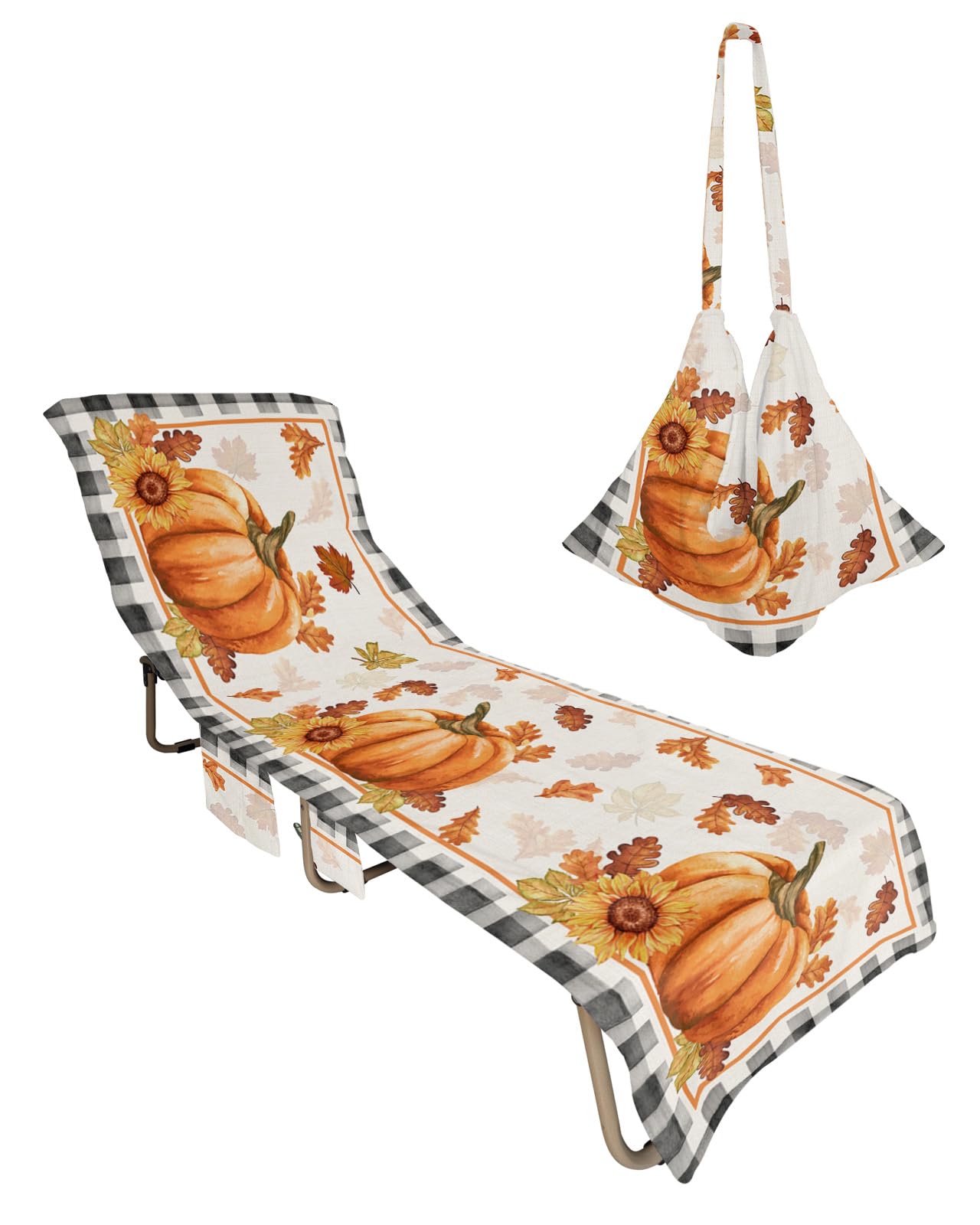 Thanksgiving Pumpkin, Beach Lounge Chair Towel Cover, Soft Chaise Lounge Towel with Side Pockets Patio Pool Chairs Cover for Beach/Pool Sunbathing 29x85 Fall Maple Leaves Gingham Grid
