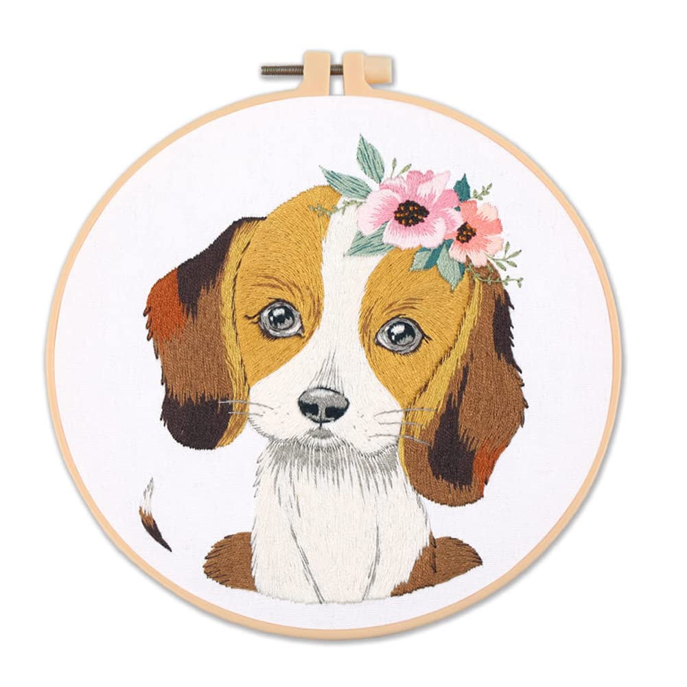 Elvaesther Embroidery Starter Kit, DIY Starter Kit Dog Art Embroidery for Beginners with Instructions Patterns Cross Stitch with Hoop Threads Needles for Craft Lover S816