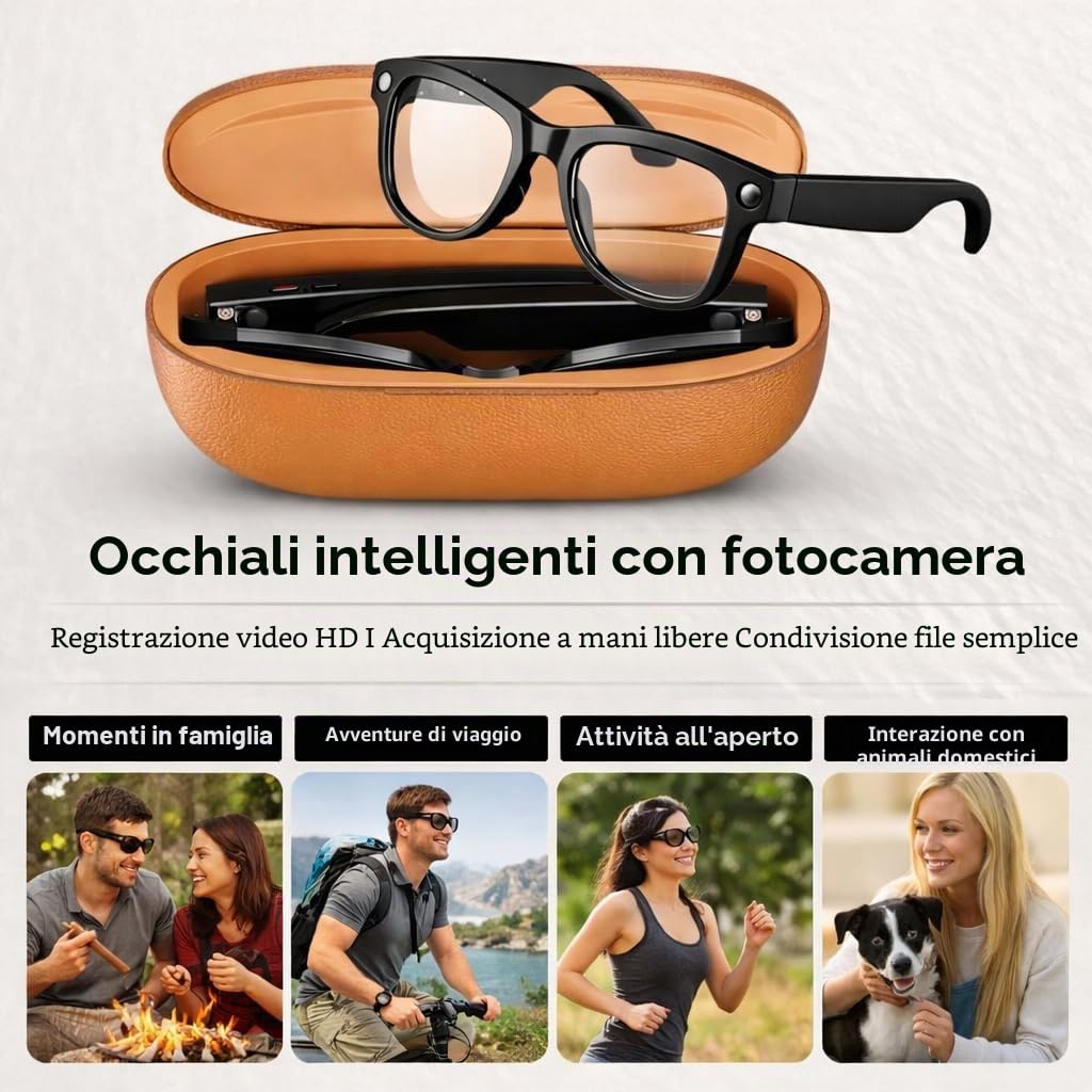 QDOJC - Occhiali intelligenti con custodia di ricarica, fotocamera HD da 8 MP, vetro fotocromatico con traduzione AI, controllo touch, registrazione assistente vocale e video, per uomini e donne