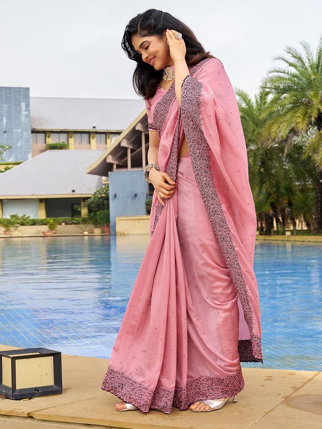 Satrani Women's Art Silk Dyed & Embroidery & Stone Work Saree With Unstitched Blouse Piece (3351S369N_Light Pink)