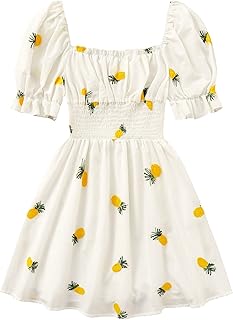 Sponsored Ad - SHENHE Women's Short Puff Sleeve Pineapple Print Square Neck Shirred Mini Dresses