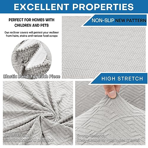 XINEAGE 4-Piece Recliner Cover Stretch Jacquard Slipcover with Pocket, Washable Recliner Chair Protector for Kids, Pets, Dogs, Cats (Silver Grey)