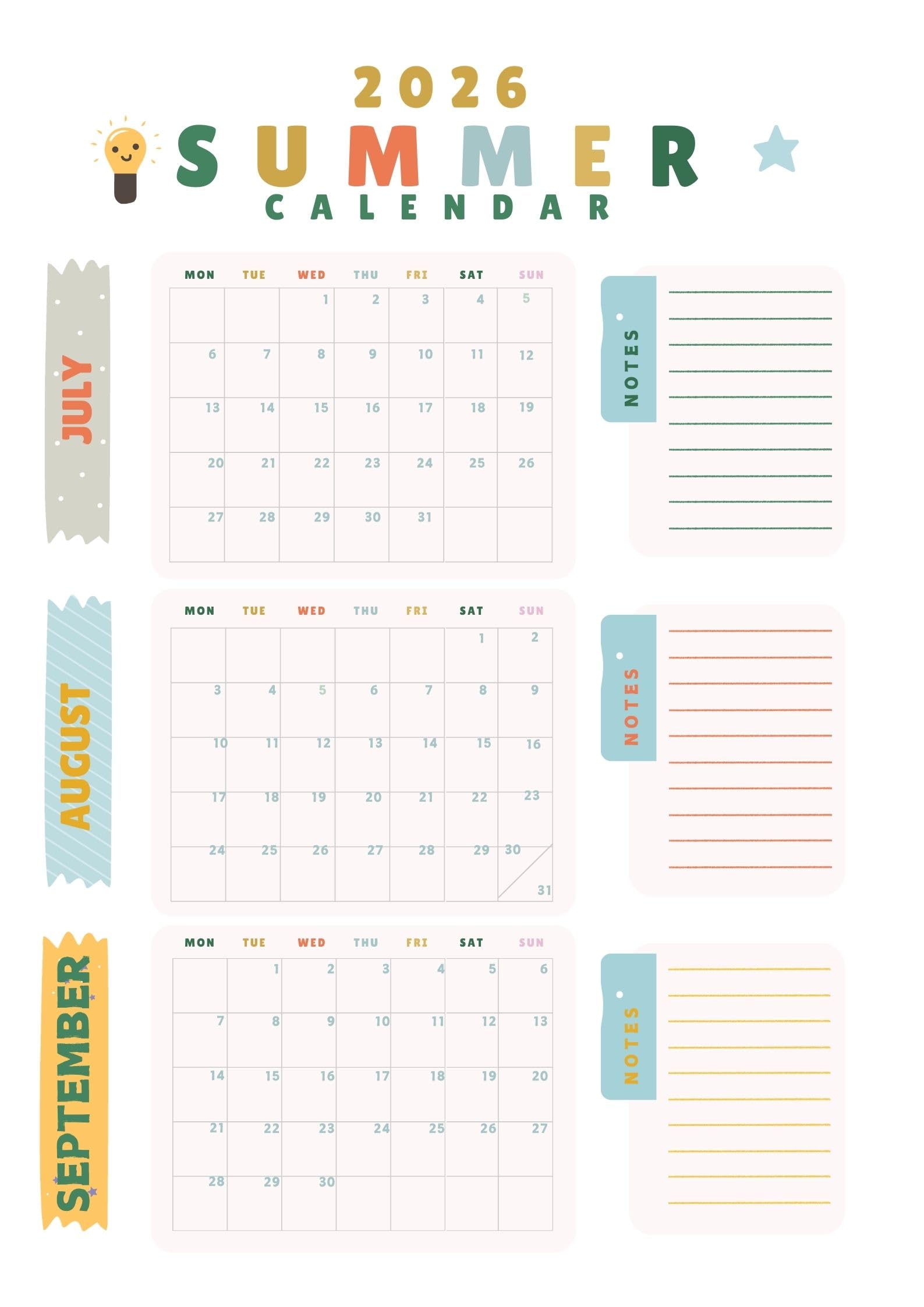 A2 Family Planner 2026 Foamboard, July Start Summer Wall Calendar with Multiple Notes Sections, Large Household Organiser Board