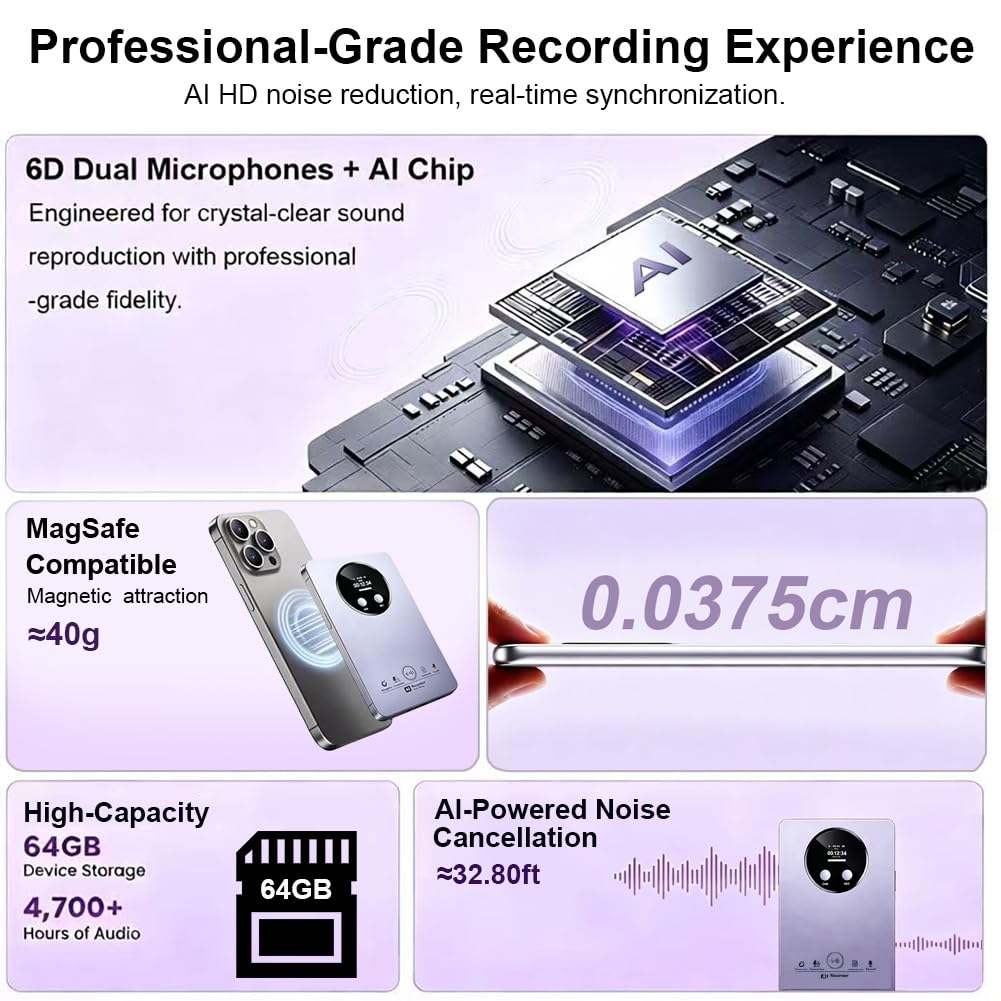 KI Digitales Diktiergerät mit 64GB, AI Voice Recorder mit Transkribieren und Zusammenfassen, App-Steuerung,One-Touch-Aufnahme,Unterstützt 152+ Sprachen Übersetzung, Für Telefonate, Besprechungen