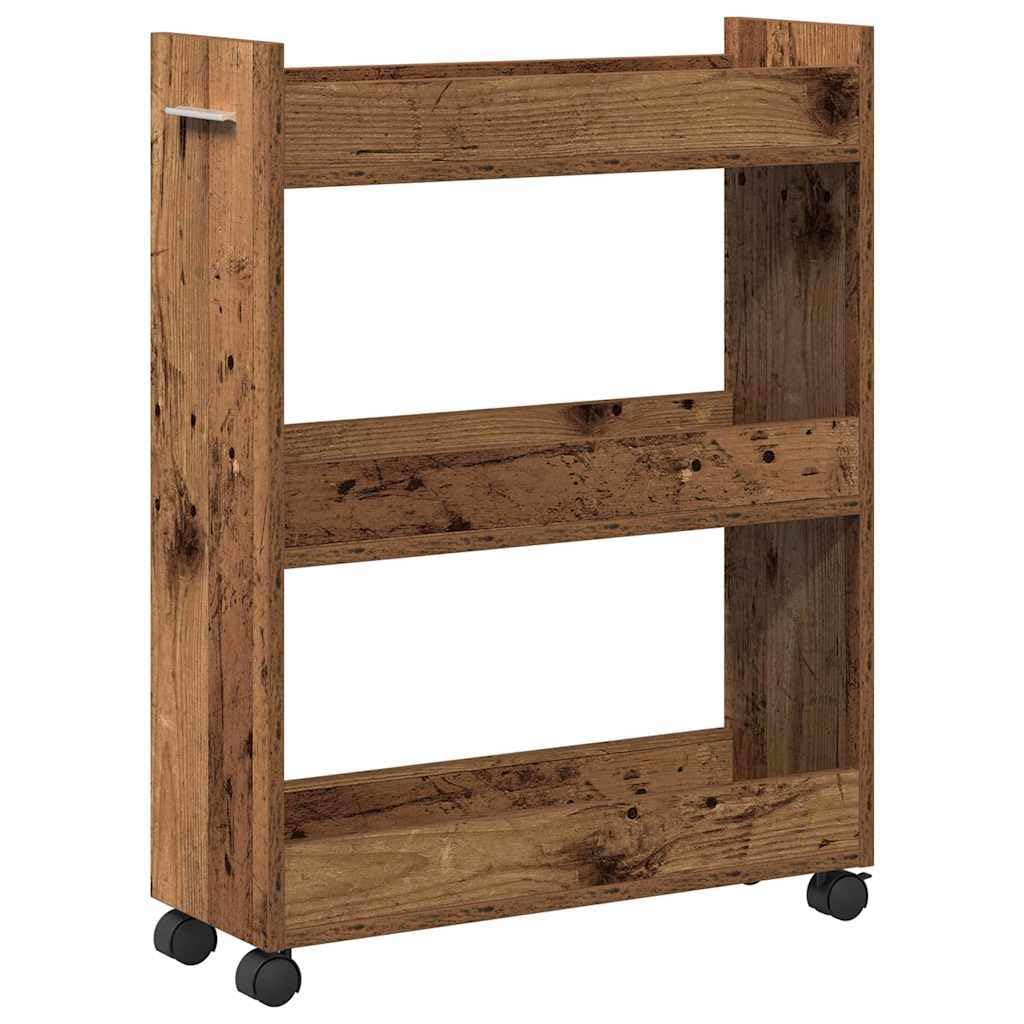 Armario con ruedas de madera envejecida y 3 estantes 60x22x79 cm