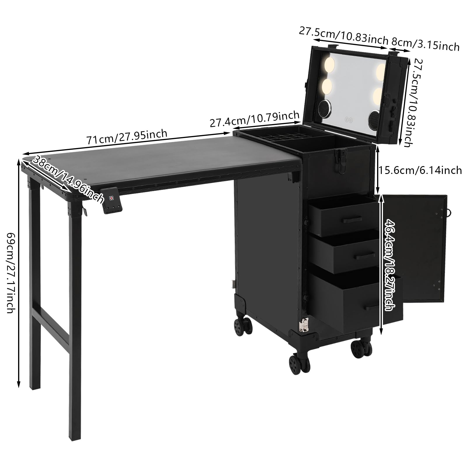 Maletín de maquillaje con espejo y Bluetooth y ruedas – 3 cajones – Grande moderno, capacidad de carga de 50 kg, para peluquería y belleza