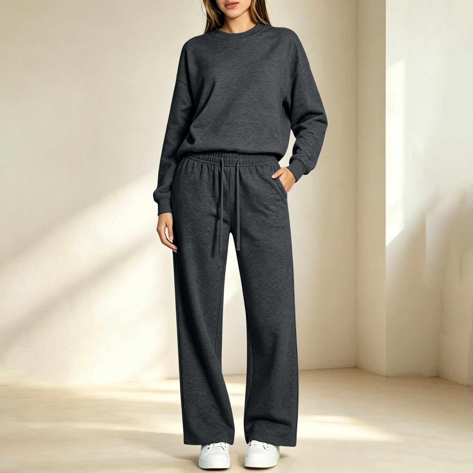 Survêtement de jogging pour femme - Survêtement de sport pour femme | Pull à col rond, couleur unie, manches longues, avec cordon de serrage, survêtement ample et décontracté