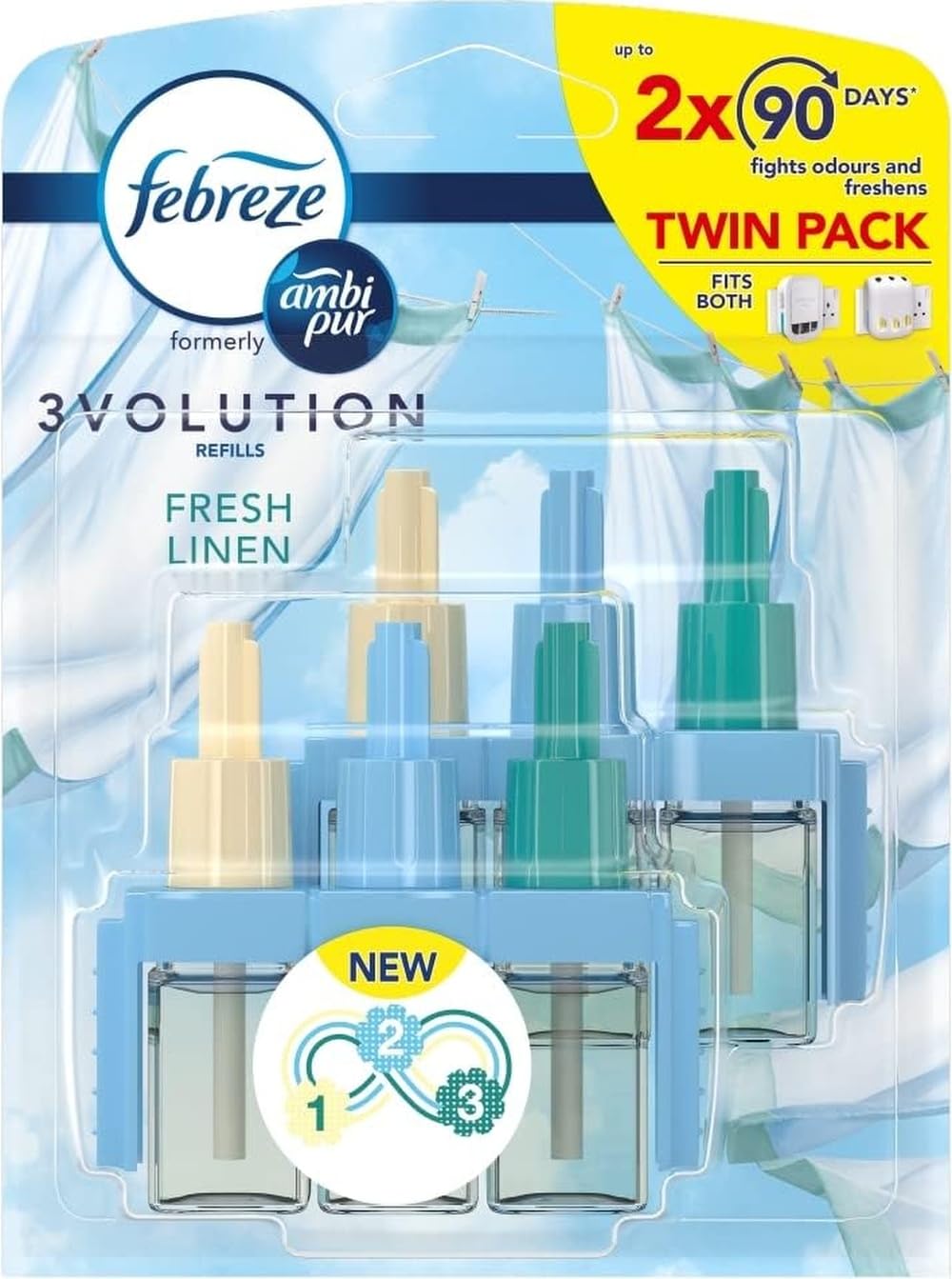 Febreze 3Volution Air Freshener Plug In Refill 2x20ML Fresh Linen, 3 Alternating Scents To Fight Odours