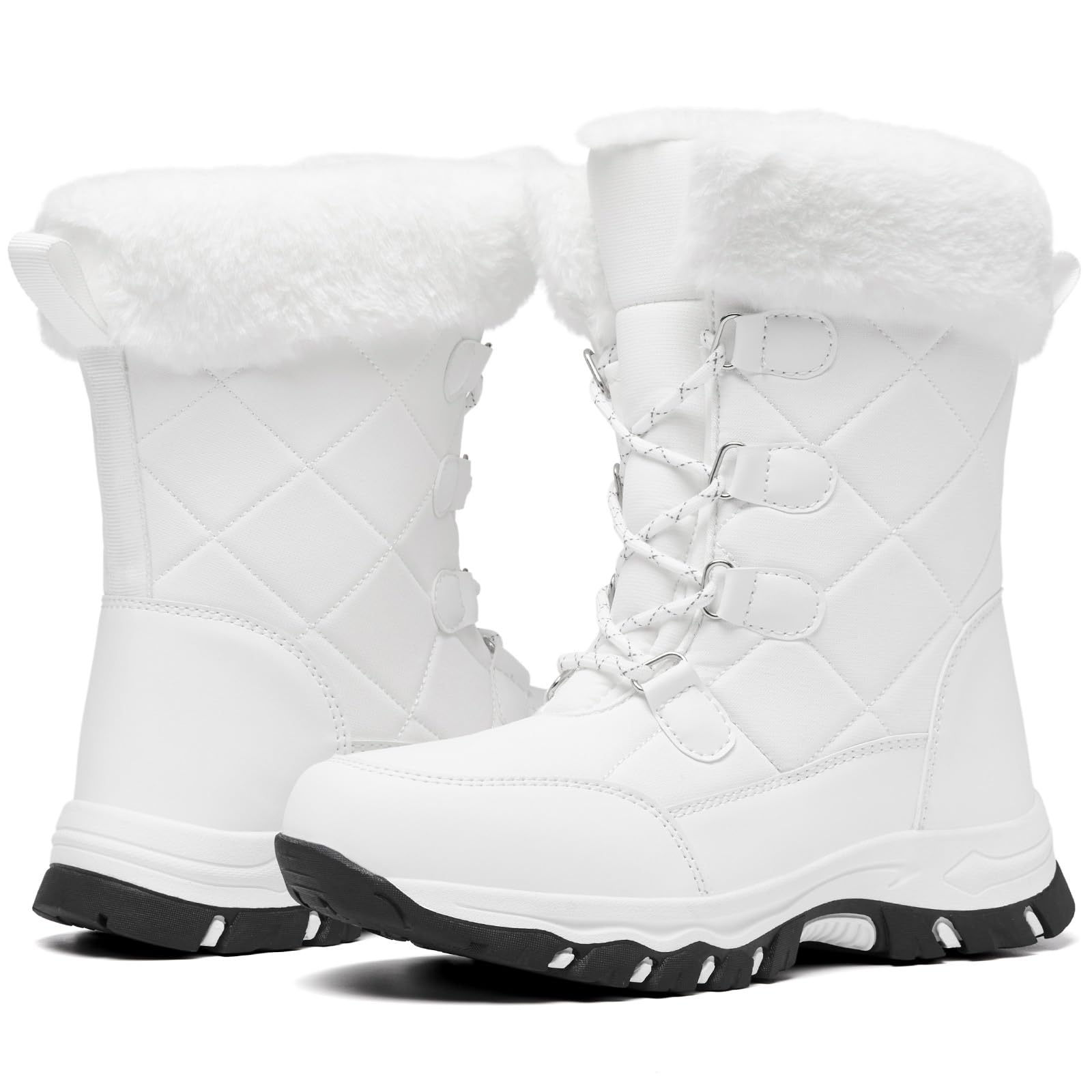 Womens Snow Boots Winter Water-Resistant Faux Fur Lined Warm Outdoor Lace Up Mid-Calf Booties Deep Tread Rubber Sole