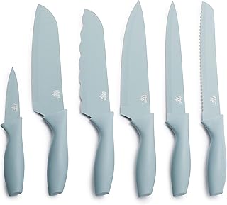 GreenLife 6 Piece Kitchen Knife Set, Rust-Resistant Nonstick Coating, High Carbon Stainless Steel Knives, Blade Guards, Razor Sharp, Ergonomic Handle, Chef, Santoku, Paring, Blue Haze