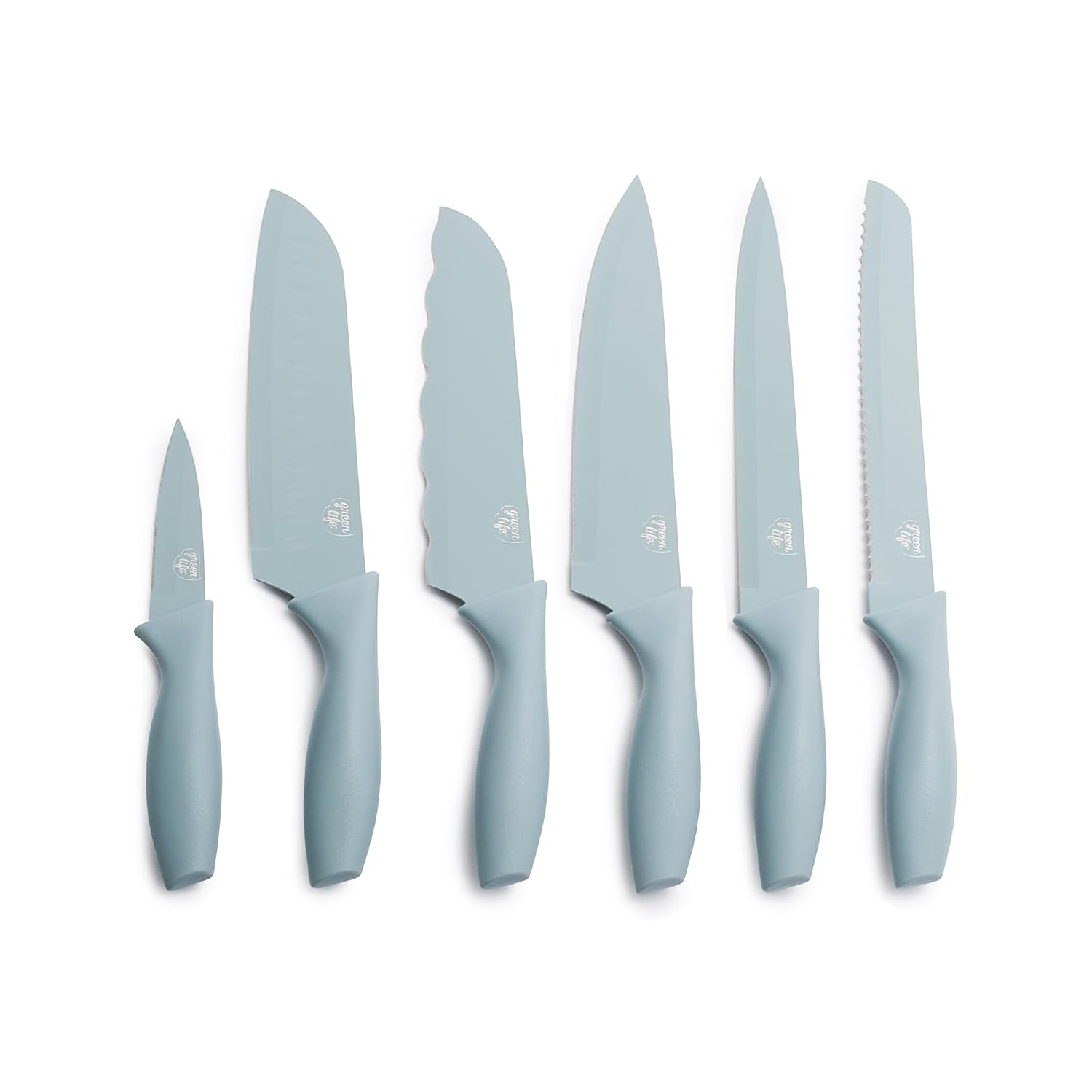 GreenLife 6 Piece Kitchen Knife Set, Rust-Resistant Nonstick Coating, High Carbon Stainless Steel Knives, Blade Guards, Razor Sharp, Ergonomic Handle, Chef, Santoku, Paring, Blue GreenLife 6 Piece Kitchen Knife Set, Rust-Resistant Nonstick Coating, High Carbon Stainless Steel Knives, Blade Guards, Razor Sharp, Ergonomic Handle, Chef, Santoku, Paring, Blue