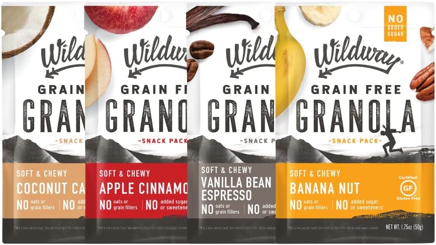 Wildway Keto Granola Snack Packs| Variety | Grain-Free Certified Gluten-Free Cereal | Vegan, Low Carb & No Sugar Added | Paleo-Friendly, Non-GMO Fruit & Nut Clusters | Nutrient-Rich Snack | 4 Pack