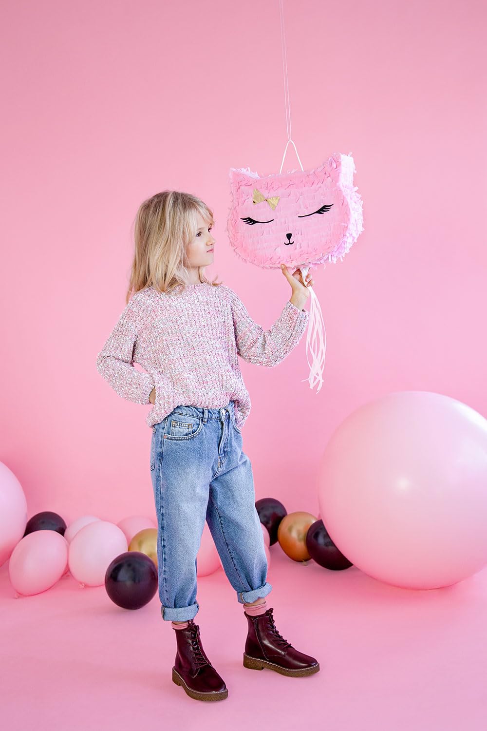 PartyDeco Pentolaccia en forma de cabeza de gato, piñata de cumpleaños para niños, rellena de dulces, regalos y golosinas, cartón o papel, PIN11