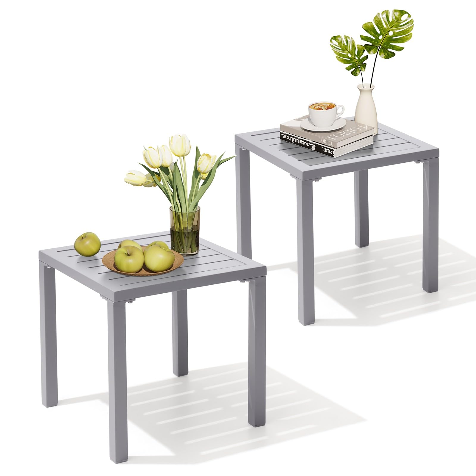 Crestlive Products Chaise Lounge Table Set of 2, Aluminum Square Side/End Table, Small Patio Coffee Bistro Table for Outdoor Indoor (Light Gray)