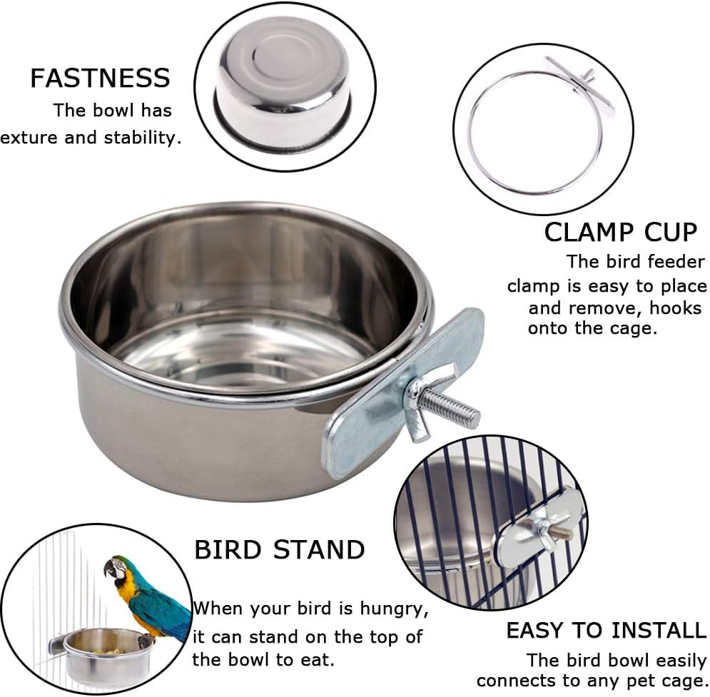 2 Pack Bird Feeding Dish Cups, Parrot Food Bowl Clamp Holder, Stainless Steel Coop Cup - Image 3