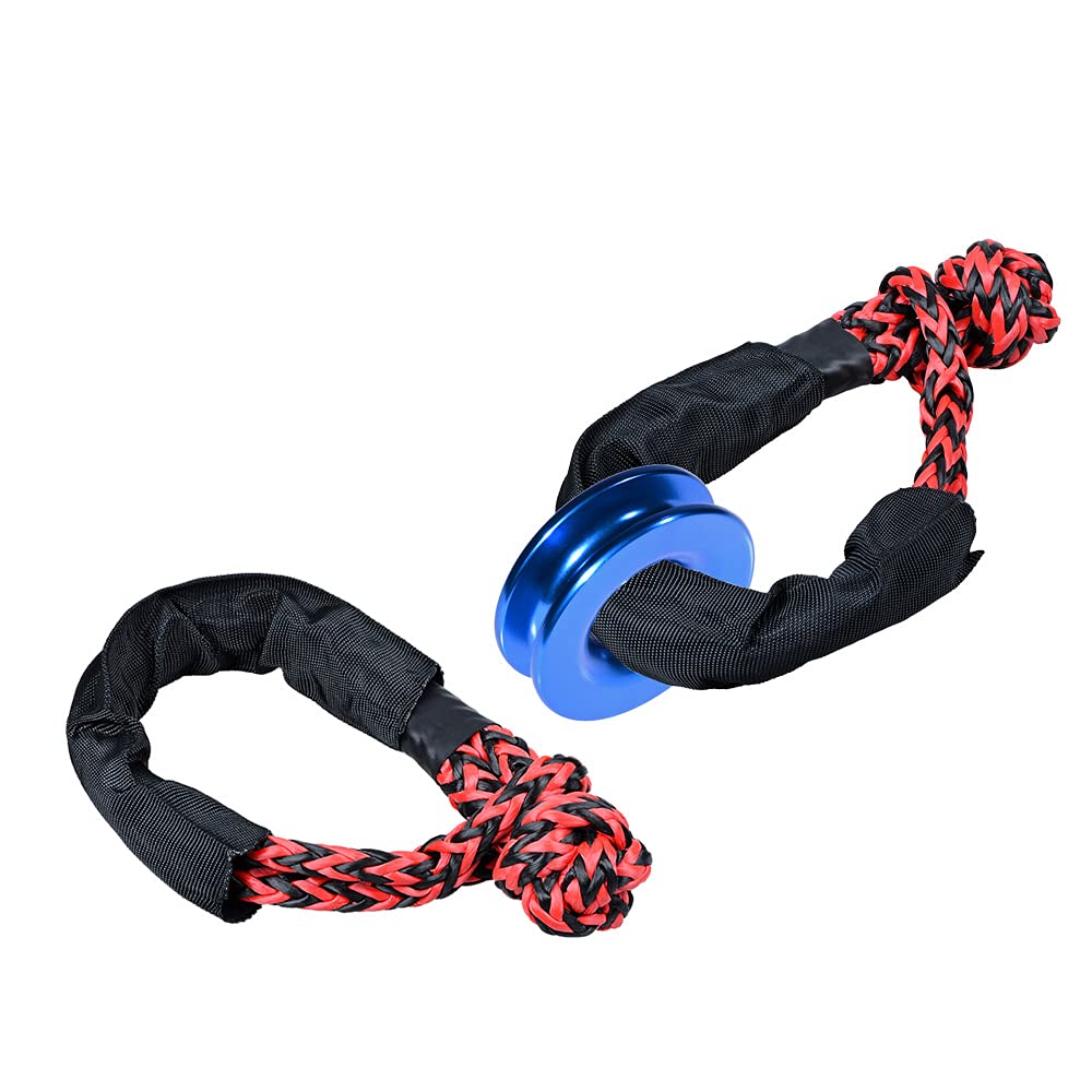 Pair of Red Black Synthetic Soft Shackle Rope 15000 WLL Protective Sleeve + Blue Snatch Recovery Ring 41000lbs for ATV SUV UTV 4WD 3/8