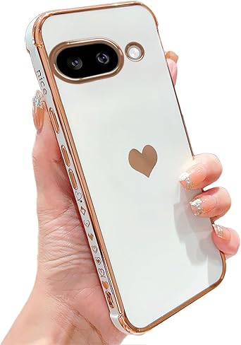 phylla Compatible with Google Pixel 9A 6.3 5g Phone Case Luxury Plating Cute Love Heart Side Small Pattern Case Full Camera Protection Soft Silicone Shockproof Bumper Cover White, Pixel 9A