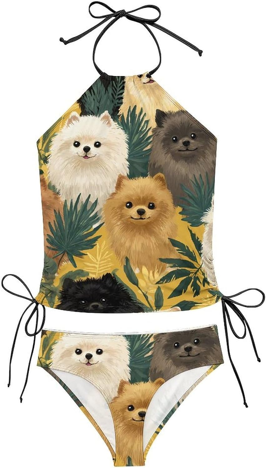 Pomeranians Dog Tropical Plants Women Tankini 2 Piece Swim Bathing Suits | tummy control,high neck top with bottom,swimwear,swimsuits