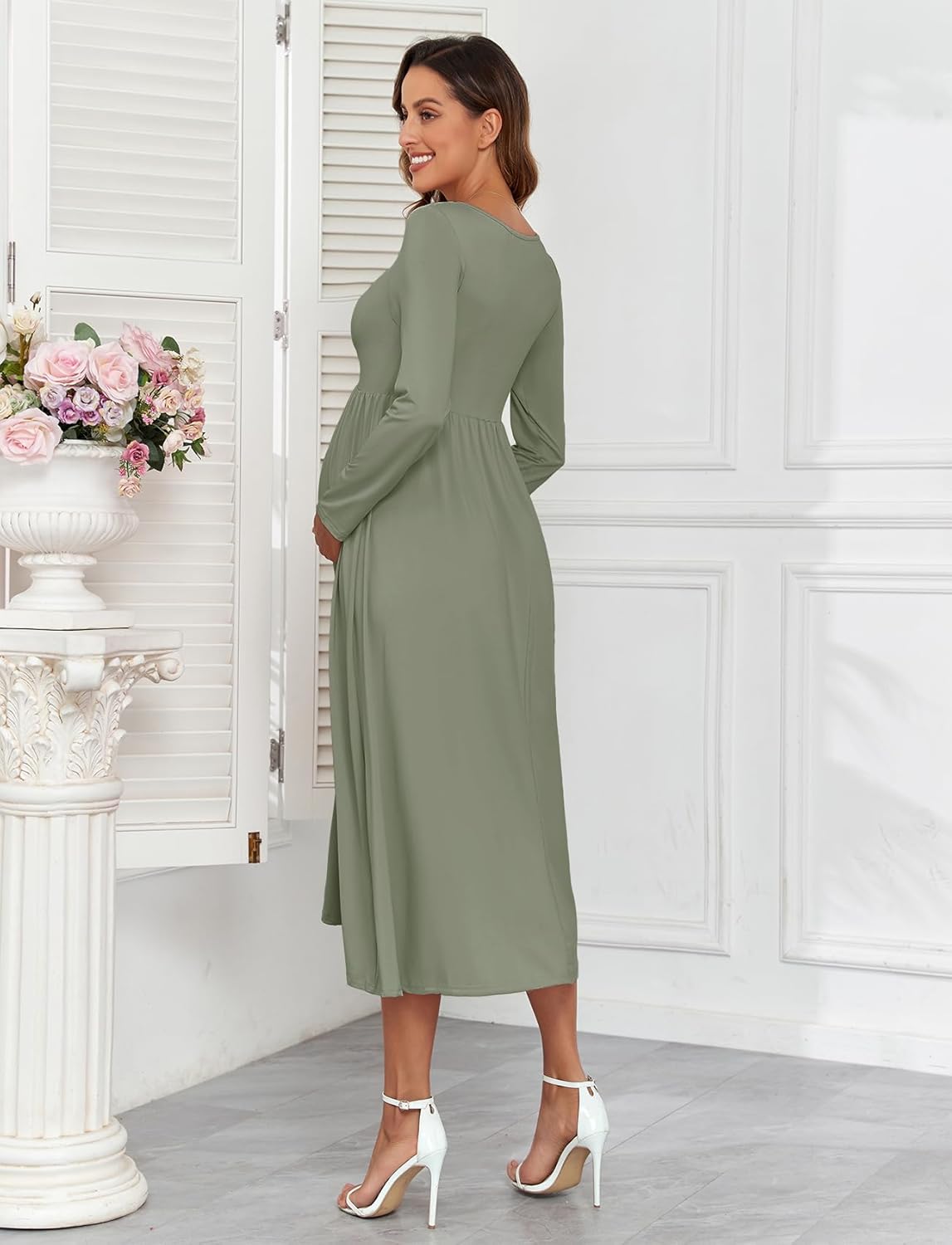 Maternity Tie Front Dress A Line Long Sleeve V Neck Flowy Pregnancy Maxi Dresses for Baby Shower Casual 2025 Fall - Image 3
