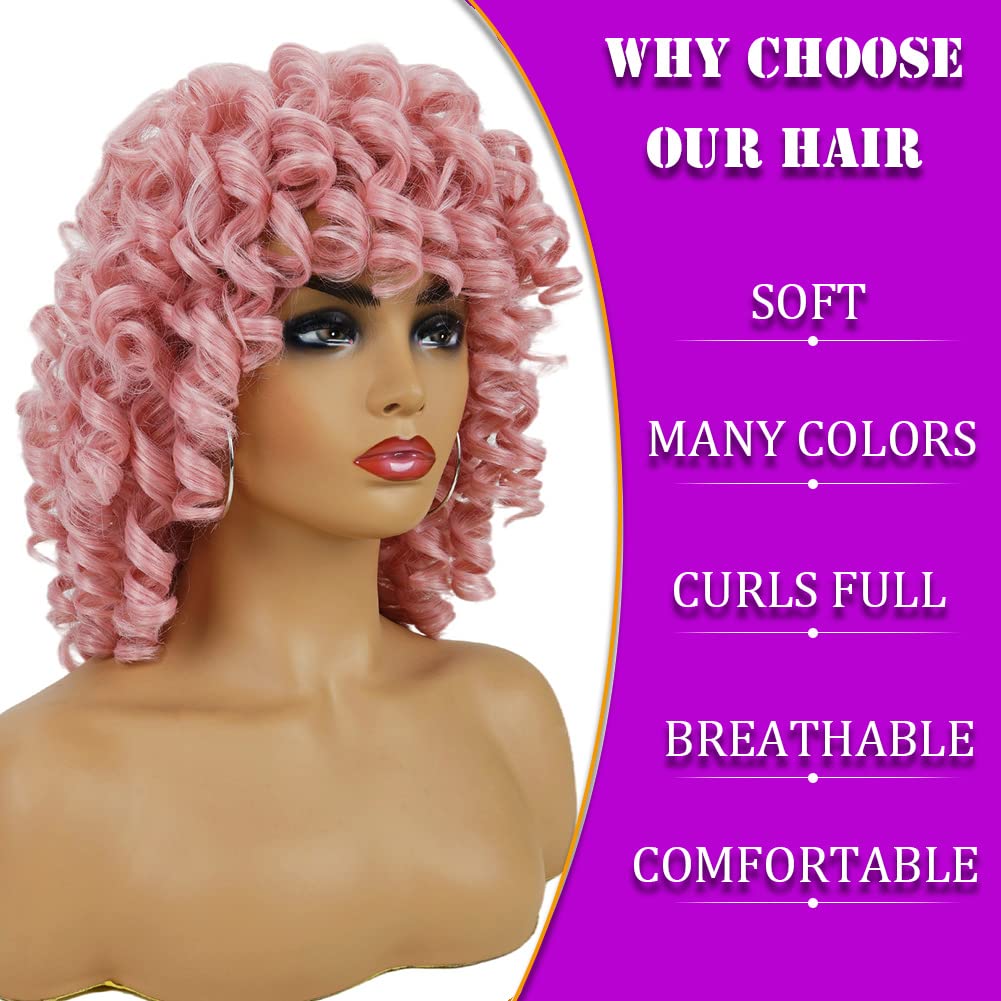 andromeda Pink Curly Wigs for Black Women Short Kinky Curly Wig with Bangs Loose Curly Heat Resistant Fiber Hair Wig for Women Halloween Cosplay Party Wigs (Pink) - Image 3