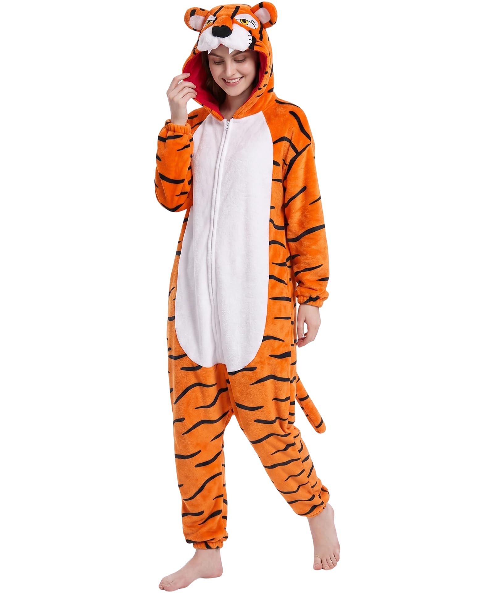 Hundredmore Adult Onesie Pajamas Animal Costume One Piece Loungewear | Warm flannel animal costume for men and women with pockets and zip up. Ideal for cosplay, Halloween parties, or as sleepwear.