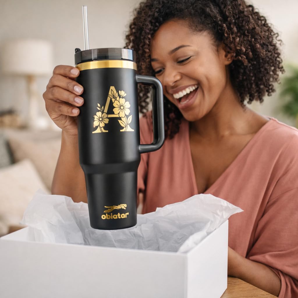 40oz Stainless Steel Travel Tumbler With Gold Accent| Double-Wall Vacumm Insulated Tumbler With Straw, Lid & Handle (Black-A) - Image 3