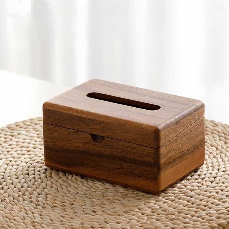 Wooden Tissue Box Holder, Natural Wood Grain Rectangular Tissue Dispenser with Storage