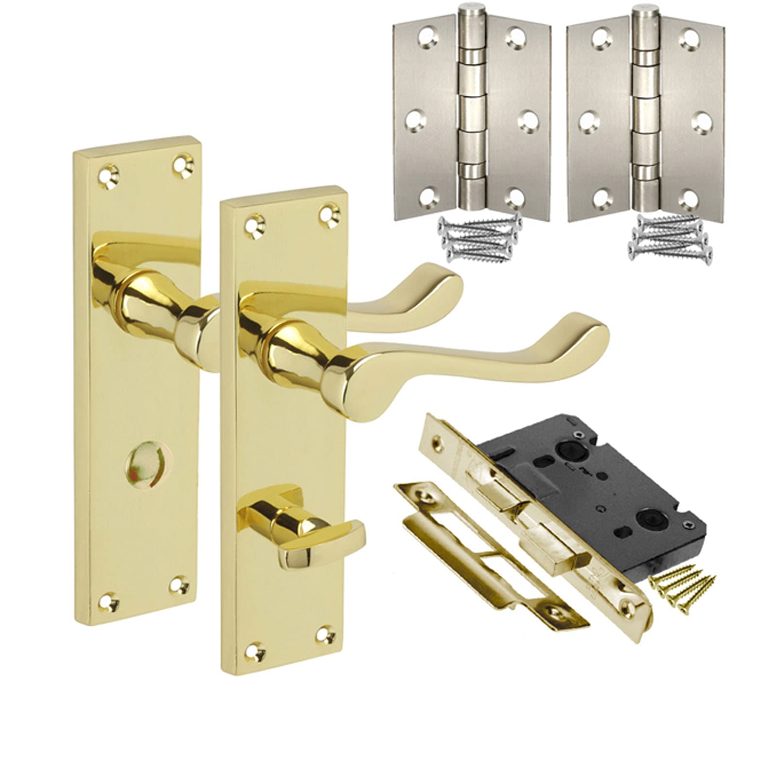 Brass Bathroom Door Handles in Pack with Victorian Scroll Levers on Backplate, Lock, Turn and Hinges H751014PB HL1