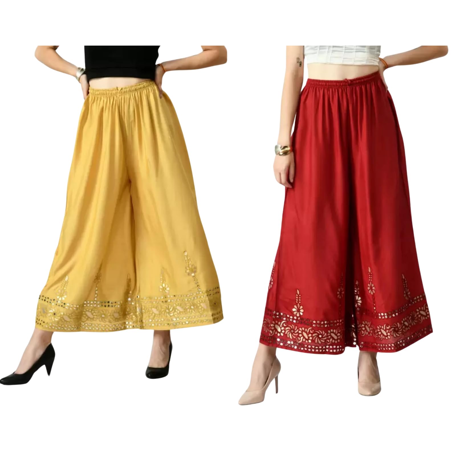 D & V Creations Women's Rayon Regular Fit Stylish Elegant Flower Mirror Work Solid Sharara Palazzo Pants with Elasticated Waistband Pack of 2-image-6