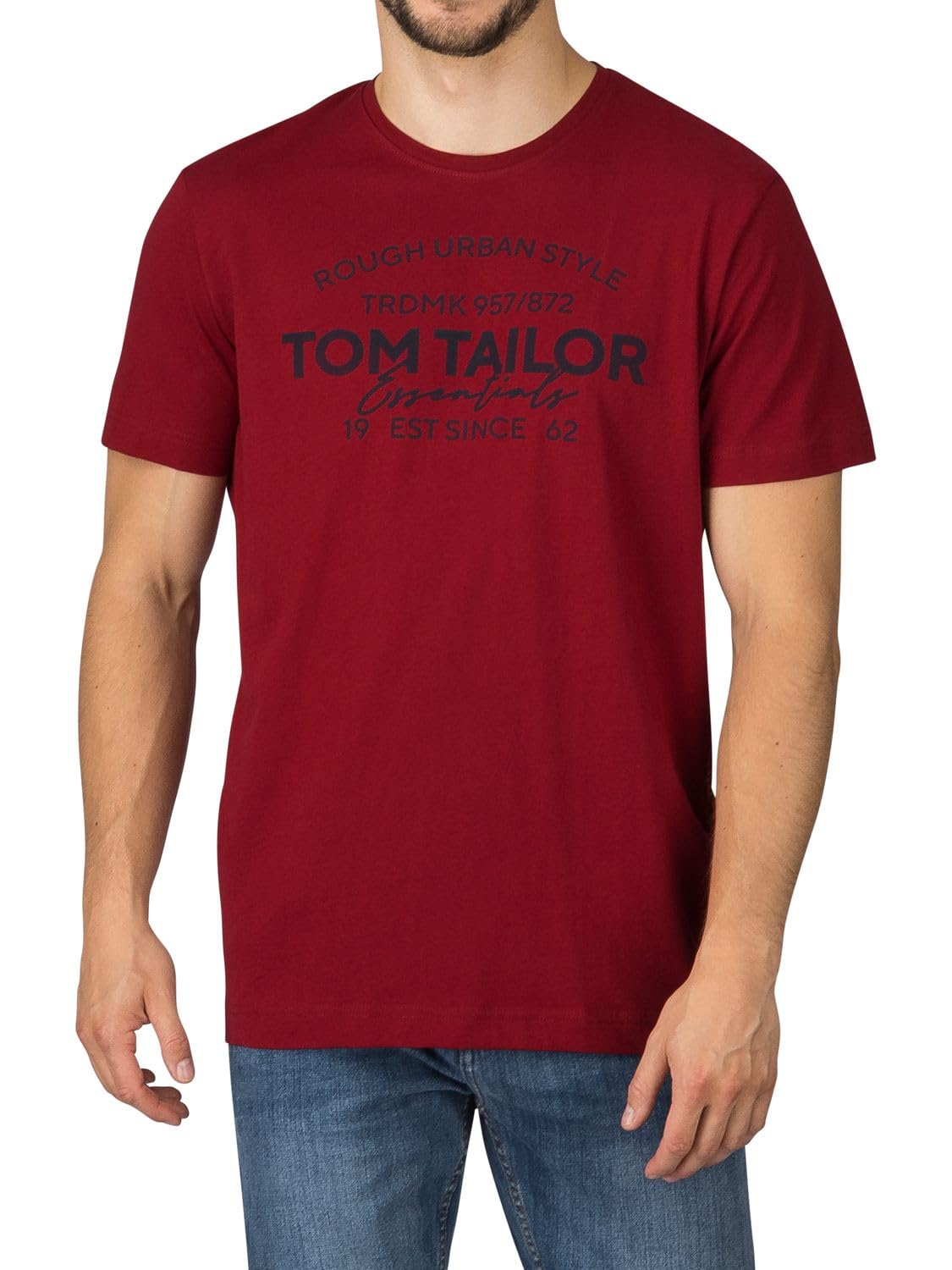 TOM TAILOR Lot de 4 t-shirts à col rond et manches courtes pour homme Coupe droite Imprimé été 100 % coton Noir Blanc Vert Rouge Bleu Gris
