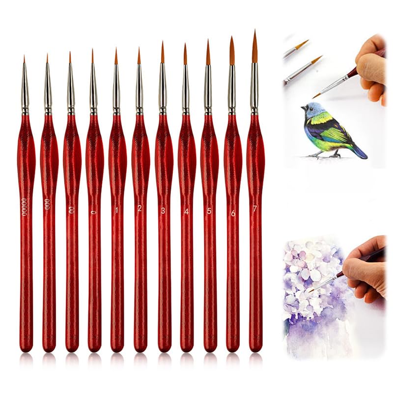 Image of 11 Pcs Miniature Detail Paint Brush Set with Natural Wood Handle,2024 New Miniature Paint Brushes,Mini Small Painting Brushes for Art, Crafts, Acrylic, Watercolor, Oil, Model, Face(Red)