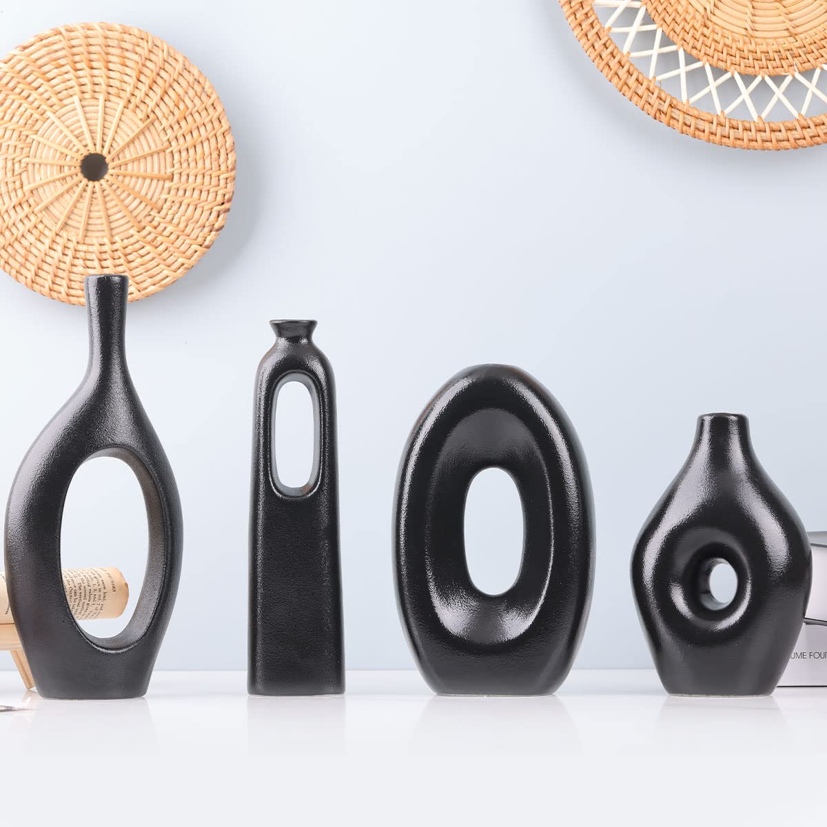 Set di 4 vasi rotondi in ceramica nera Per decorazione di erba e fiori della pampa Vasi moderni e minimalisti per soggiorno, camera da letto, camino e tavolino da caffè