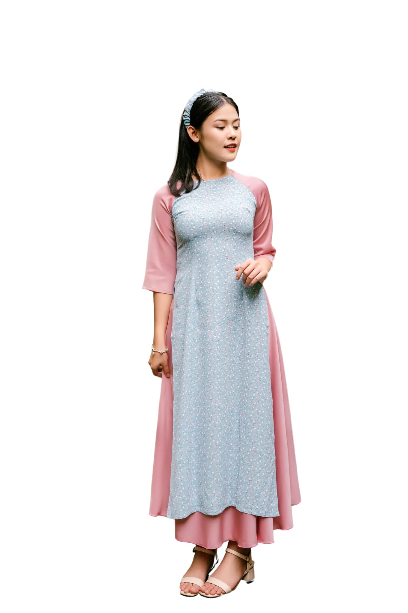 Mom and Daughter Blue HOA Matching Ao Dai Skirt Set with Headband| Pre-Made Vietnamese Ao Dai| Lunar New Year (Blue, 2 - Girl)