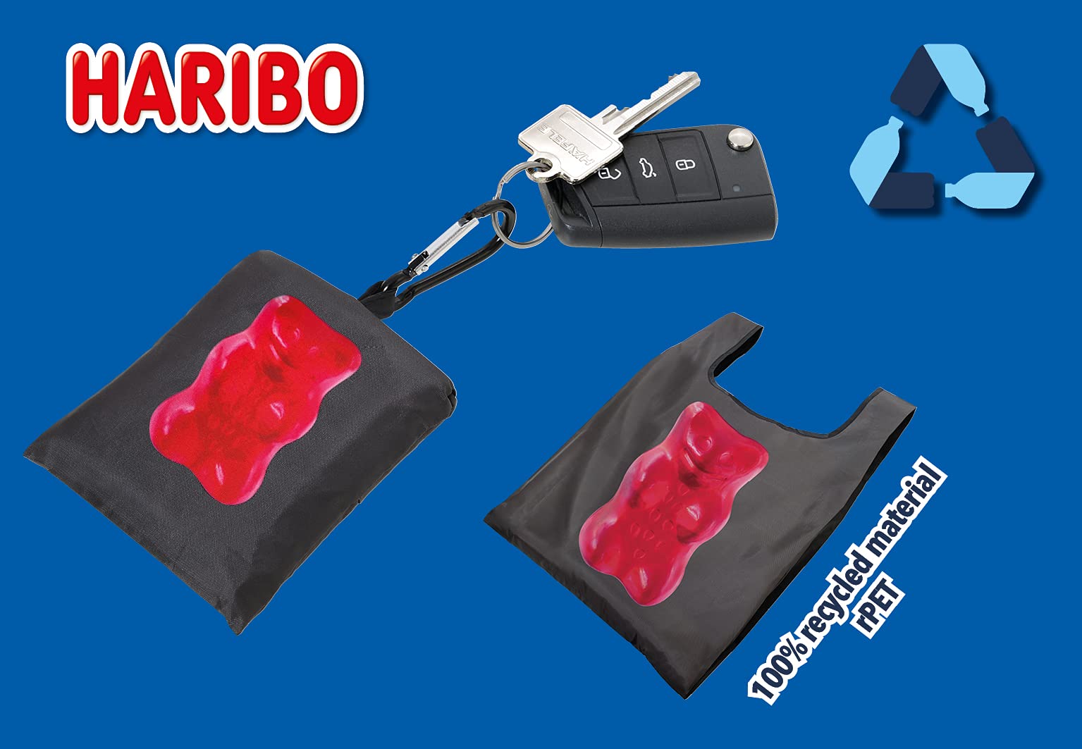 Troika Haribo Happy Shopping Bag breloczek do kluczy z torbą na zakupy z aluminium/rPET w kolorze czarno-czerwonym, wymiary: 49,5 cm x 32 cm x 0,3 cm, HB-K08/BK, 10 kg, czarny, czerwony, 10 kg, klasyczny