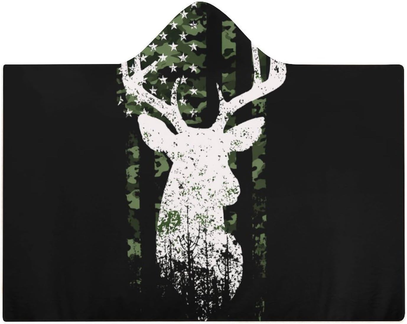 US Flag Deer Hunting Camouflage Wearable Blanket Oversized Throw Cape | Cozy Hooded Blanket Gifts for Women Men