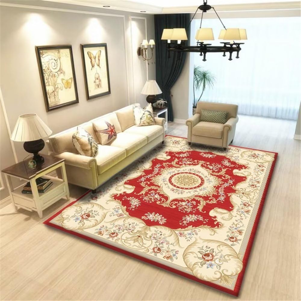 Tapis de salon rouge et beige rétro pour créer un coin lecture cosy dans une chambre