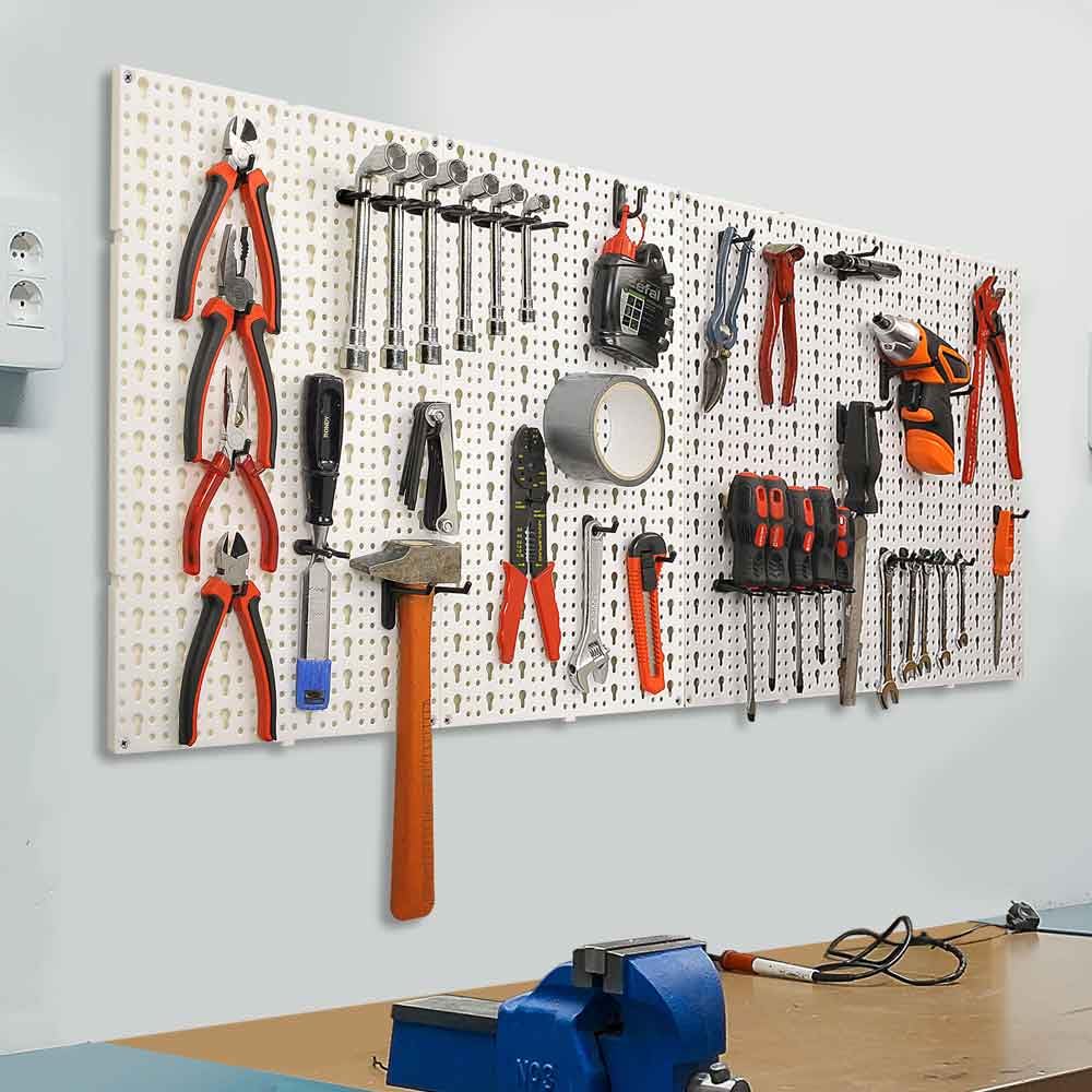 Lot de 2, Panneau Porte Outils, 25 x 30 cm/Paneau - 20 Crochets Panneaux Perforés, Inclus - Panneau Mural Outils Garage, en PVC - Rangement Outils, Atellier de Bricolage