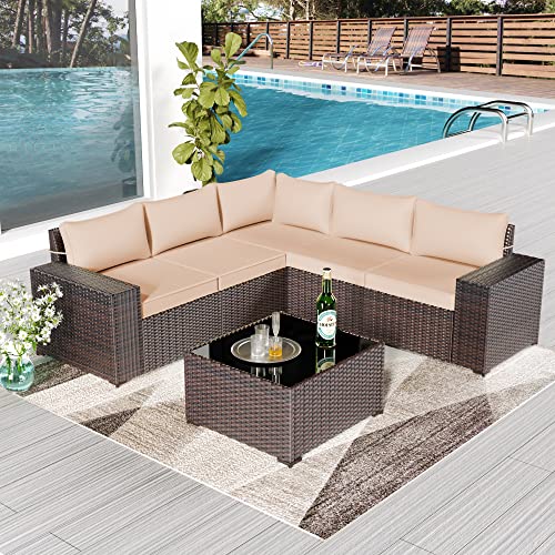 Rtdtd Outdoor Patio Furniture Set, 6 Pieces Outdoor Furniture All Weather Patio Sectional Sofa Pe Wicker Modular Conversation Sets With Coffee Table,5 Chairs & Seat Clips(Brown) #TOP6