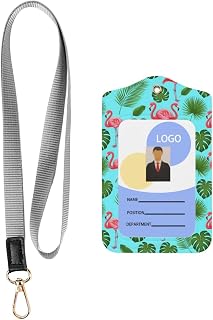 ID Badge Holder Leather Credit Card Badge Holders with Lanyard Compatible with Green Tropical Palm Banana Leaves Lovely Exotic Bird Pink Flamingo, Suitable for School Office Staff