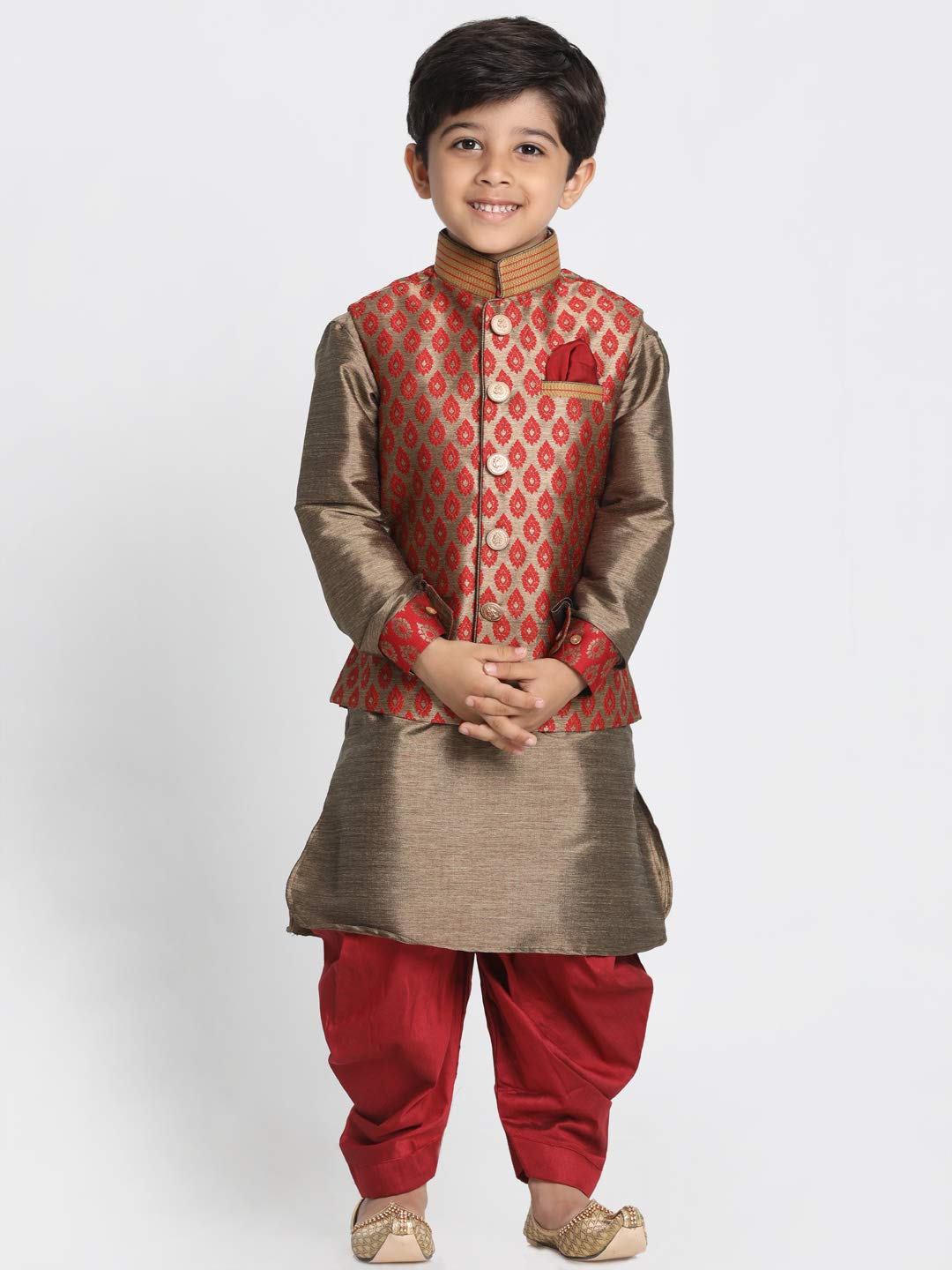 Jbn Creation Boys' Maroon And Rose Gold Silk Blend Ethnic Jacket, Kurta And Dhoti Pant Set_Vasbj025Manbuk006Mancdma_28