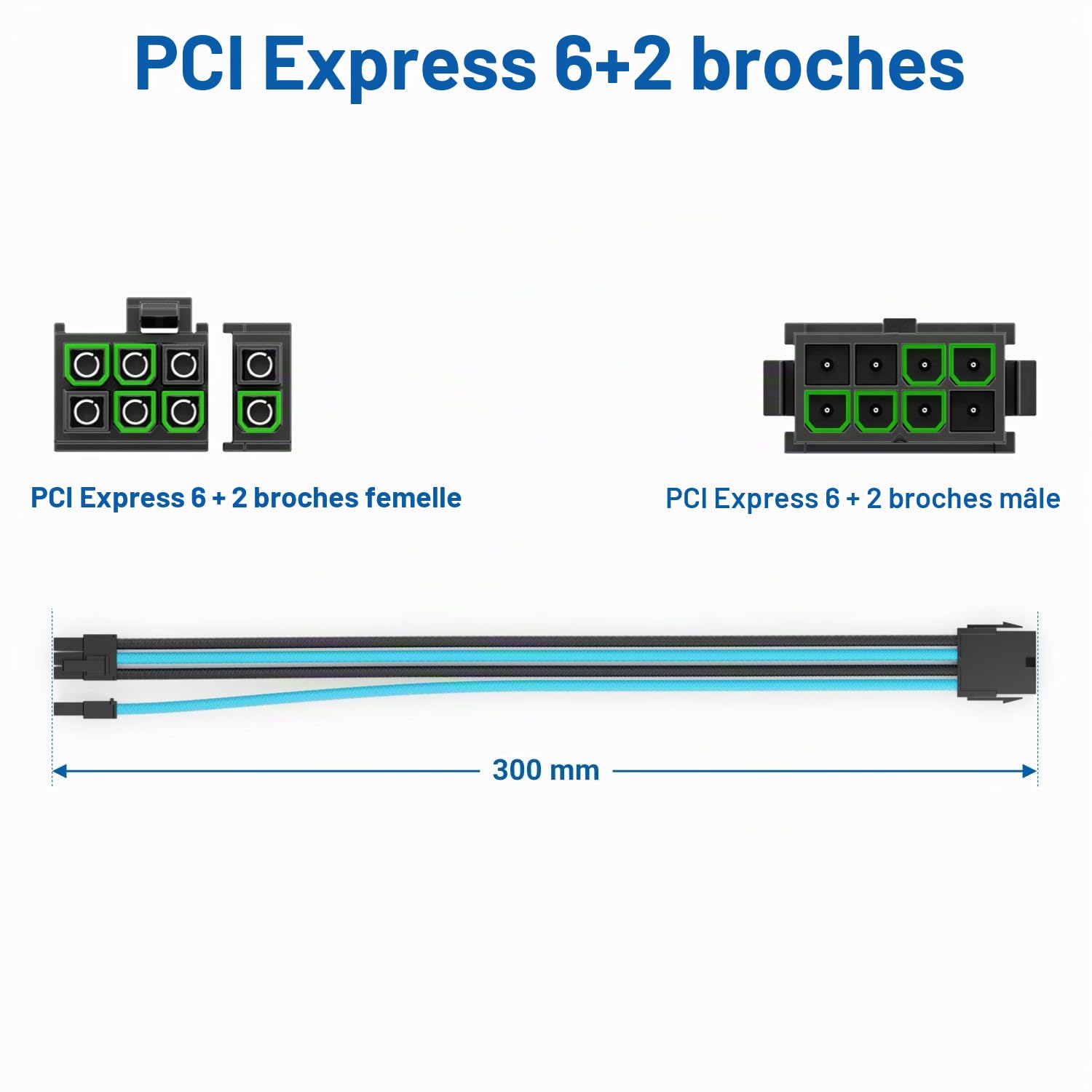 deleyCON 6+2 Pins PCI Express GPU Carte Graphique Câble D'alimentation Rallonge 30cm - 18 AWG PSU PC Ordinateur Alimentation Électrique Nylon Mâle à Femelle - Noir Bleu