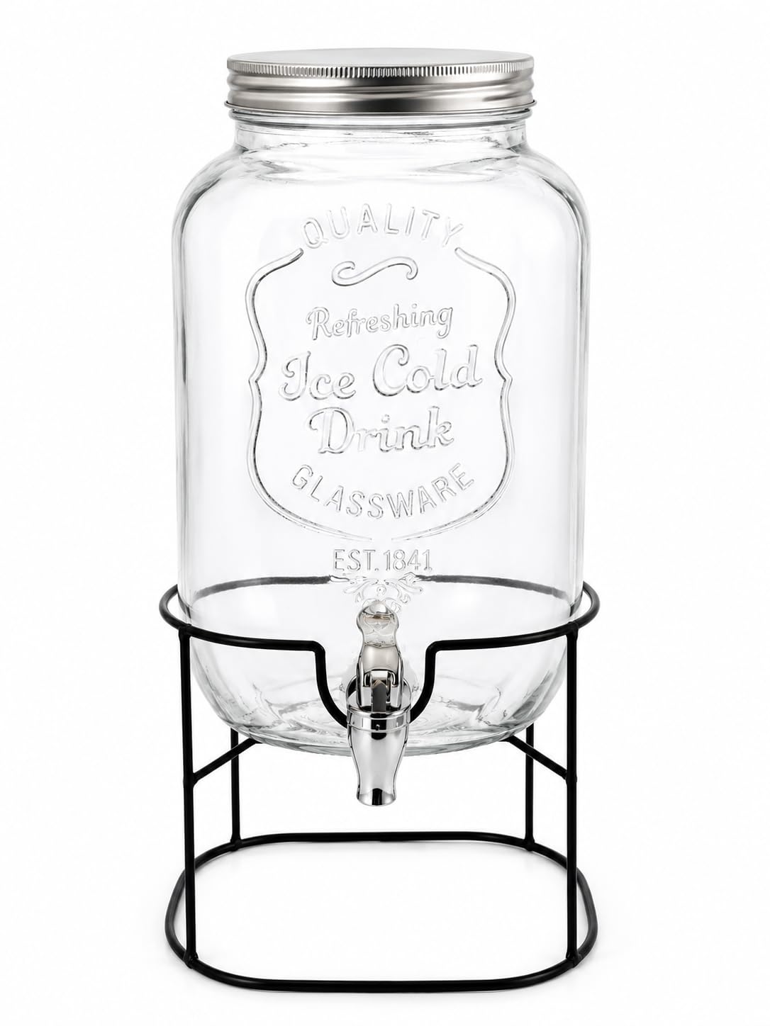 Dispensador de Bebidas de Cristal 8L con Grifo y Soporte Metálico Tarro para Limonada Agua Zumos y Sangría Ideal para Fiestas Barbacoas y Eventos