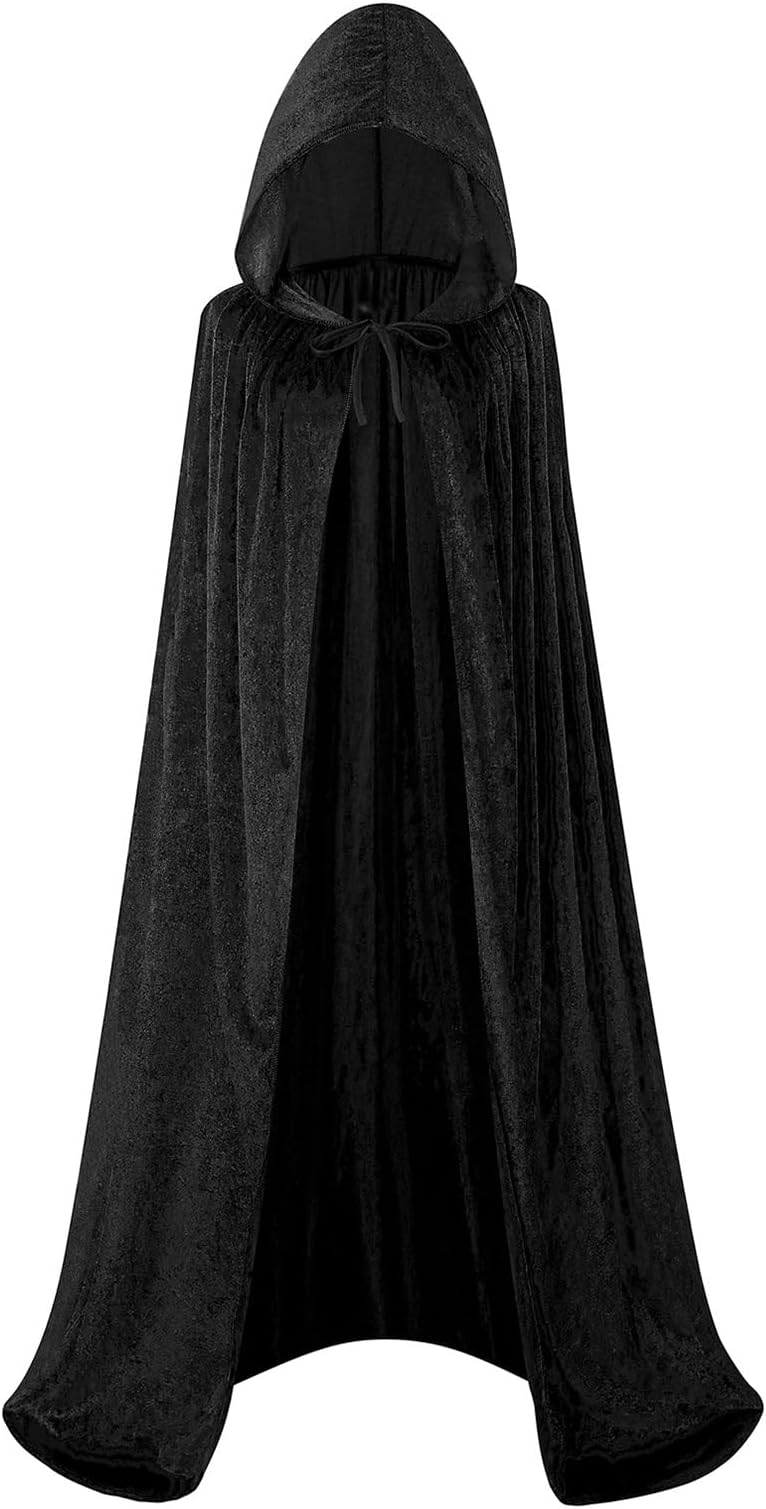 Velvet Hooded Cape for Adults, Unisex Cloak with Hood for Halloween Christmas World Book Day Fancy Dress Costume (130cm, Black)