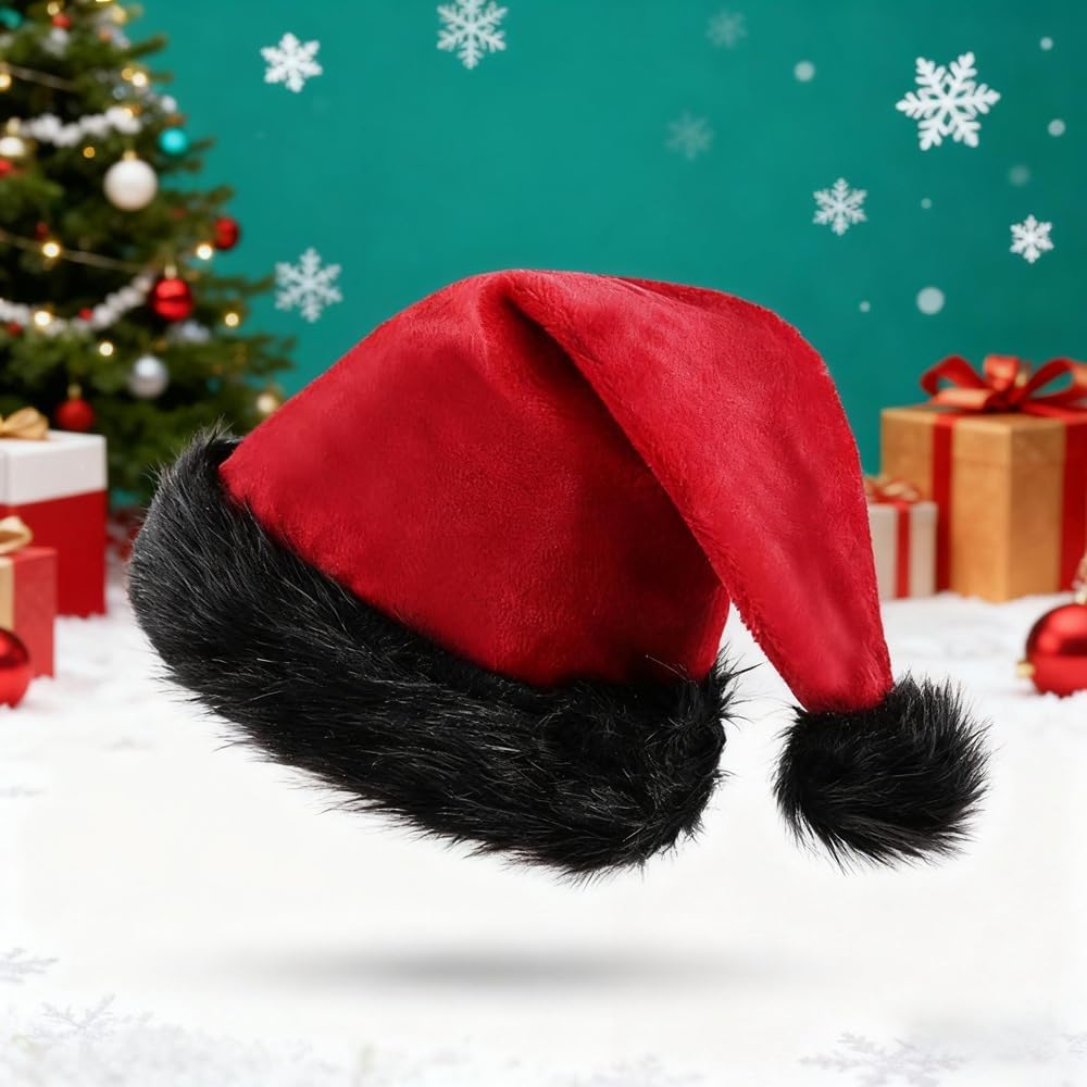 Christmas Hats for Adults Plush Red Black Santa Hat Xmas Fluffy Santa Claus Hat for Women Men - Image 3